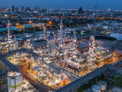 aerial view of oil refinery at night