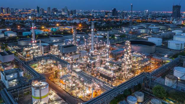 aerial view of oil refinery at night